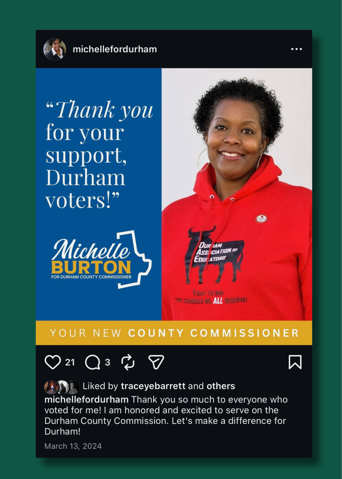 instagram post from Michelle for Durham campaign in 2024